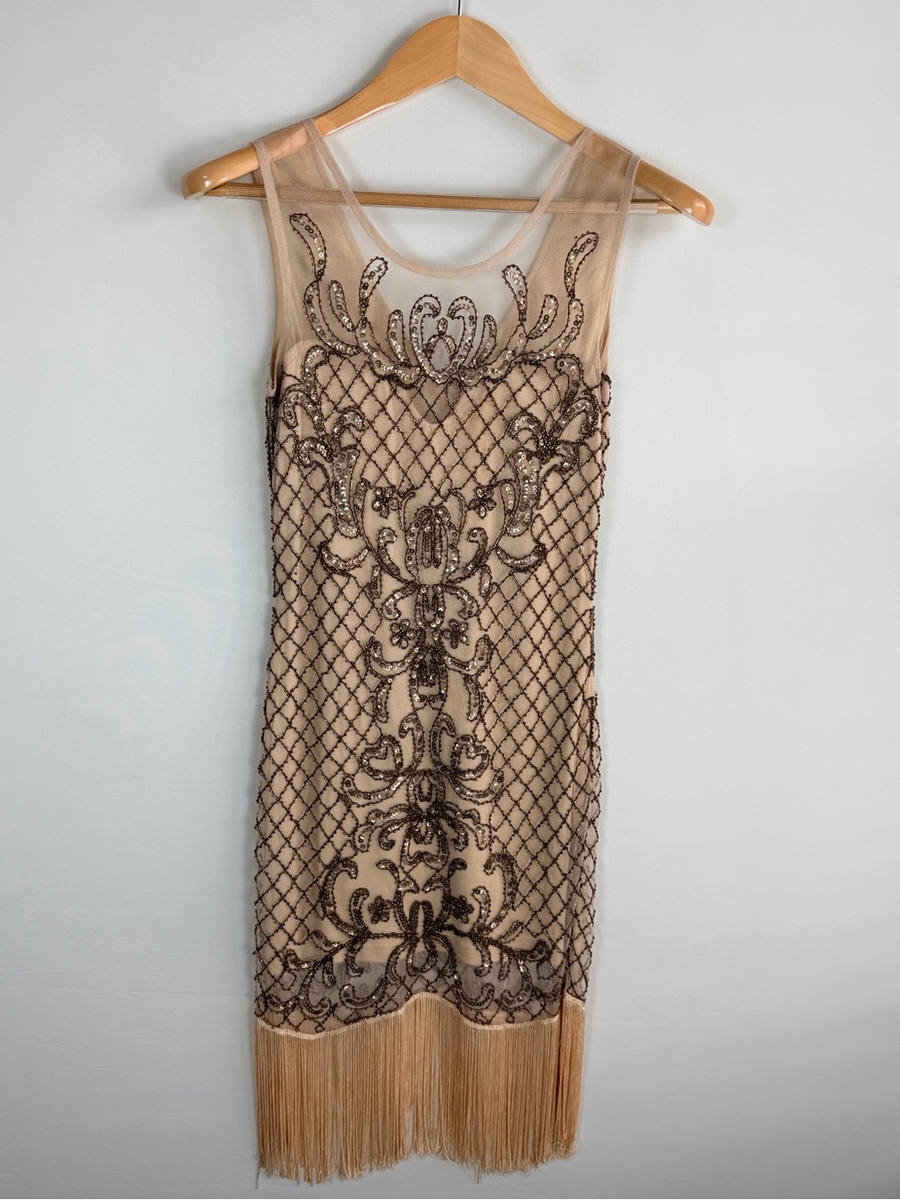 Verty Art Deco Beaded Fringe Dress Nude Mesh Sequin Cocktail Size Small